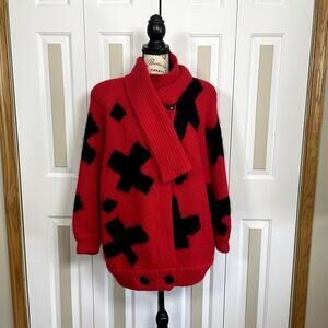 GALLERY Large‎ Vintage 80's Mohair Red & Black Floating Crosses Cardigan w Scarf